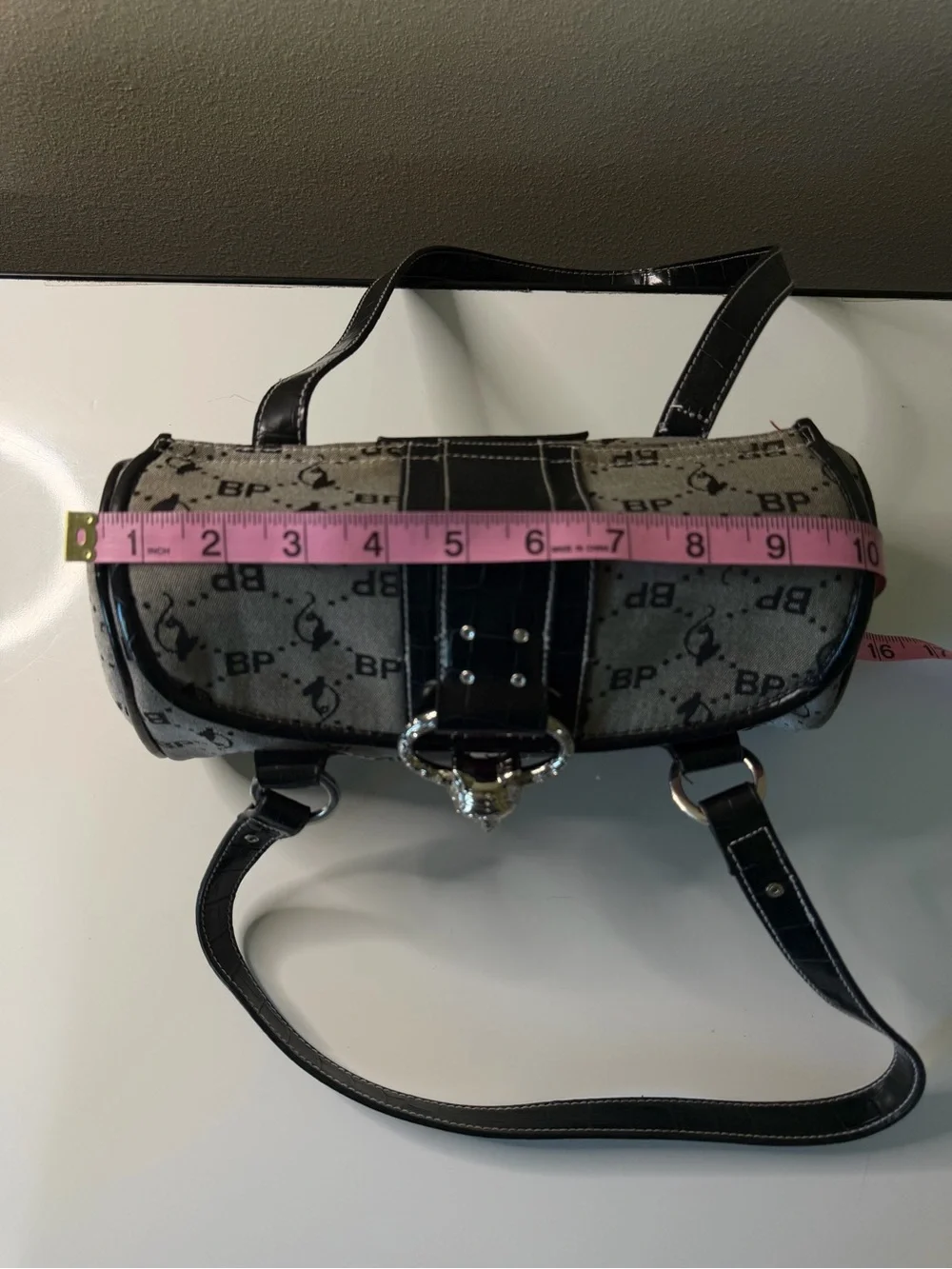 Baby Phat Gray and Black Shoulder Bag with Metallic Feline Clasp